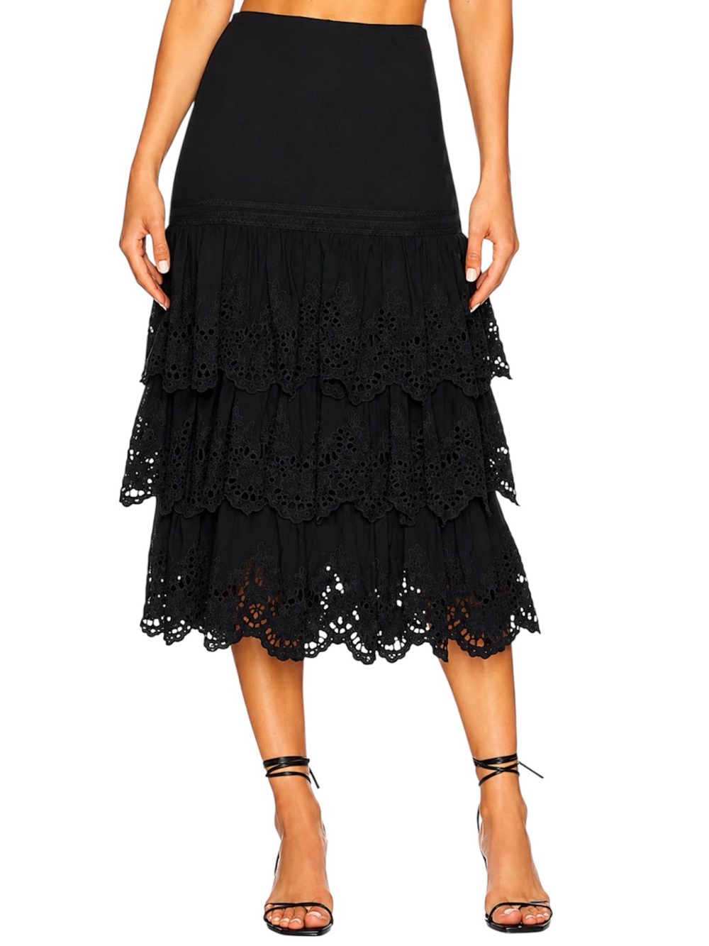 Tularosa Black Tiered Eyelet Ruffle Midi Skirt Revolve Small